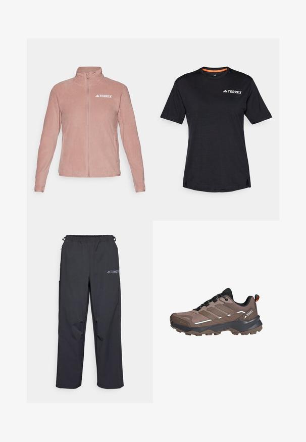 adidas Terrex Polárdzseki - warm clay; Fekete, rövid ujjú póló kerek nyakkivágással, finom melírozott textúrával, a bal felső sarokban fehér "TERREX" logóval.; Fekete, könnyű kültéri nadrág, rugalmas derékrésszel, oldalzsebekkel és logóval a jobb oldali comb felső részén. Simal, vízlepergető szövet.; Barna és fekete Adidas Terrex túracipő Gore-Tex-szel, strapabíró talppal, fekete fűzőkkel és hálós felső résszel a kültéri használathoz.