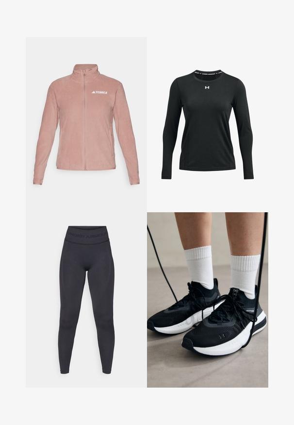adidas Terrex W MT ESS FZ FL - Flisinė striukė - warm clay; Juodas ilgomis rankovėmis sportinis marškinėlis, pagamintas iš lygaus audinio. Turi apvalų iškirpimą ir ant apykaklės spaudintą Under Armour logotipą.; Juodos leggingai su aukštu elastiniu juosmeniu, kuriame yra tekstas "UNDER ARMOUR". Lygus paviršius su subtiliais raštų akcentais palei kojas.; Juodi sportiniai batai su tekstūruotu audiniu, balta padu ir juodais raiščiais. Dėvimi su baltais raištiniais kojiniais, stovint lengvame paviršiuje.
