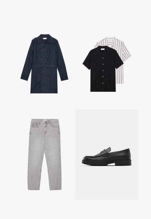 Námornícky trench kabát v ľahkej tkanine, s dvojitým gombíkovým zapínaním, opaskom v oblasti pása a dvoma bočnými vreckami s detailmi na klapke.; Dvoje tričiek s krátkym rukávom: jedno s čistou čiernou farbou, druhé biele s čiernymi vertikálnymi pruhmi. Obidve majú gombíkové zapínanie a klasický golier.; Svetlošedé denimové nohavice s rovným strihom, piatimi vreckami a zapínaním na gombík. Viditeľné švy pozdĺž švov.; Čierne kožené mokasíny s okrúhlou špičkou, s prešitým dizajnom, nízkou platformou a textúrovanou, zúbkovanou gumovou podrážkou.