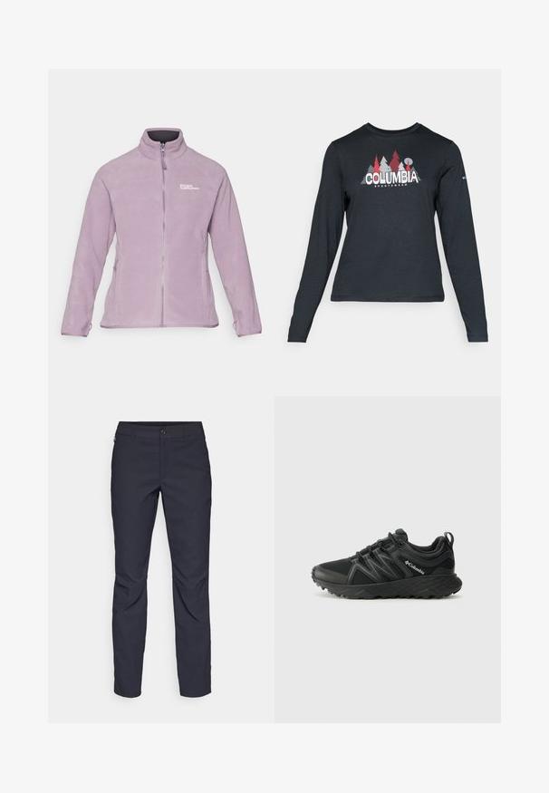 Lila polárdzseki álló gallérral, teljes cipzárral, két oldalsó zsebbal és logóval a mellrészen. Puha tapintású és testhez simuló dizájn.; Hosszú ujjú, sötétszürke ing piros fákkal és hegyekkel díszítve; a "COLUMBIA" logó vastag fehér betűkkel. Puha anyag, klasszikus kerek nyakkivágás.; Sötétkék nadrág sima anyagból, elülső gombos záródással, slim-fit fazonnal és gyűrött részletekkel a térdeken.; Columbia PEAKFREAK - Túracipők - black