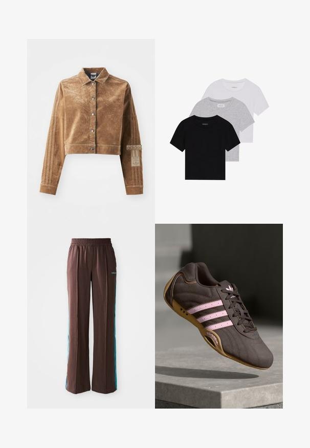 Brun cropped jakke laget av et strukturert materiale, med krage, frontknapper og Adidas-logo med tre striper på ermene.; Sett med tre kortermede t-skjorter i svart, grått og hvitt. Laget av bomull, med rund hals og en enkel, ensfarget design.; Brune sporty bukser med ribbet tekstur, elastisk talje og turkise side striber. Har adidas-logoet på forsiden.; Brune suede atletik sko med rosa striper og logo, med en teksturert overdel, snøring og såle i gummigummi.