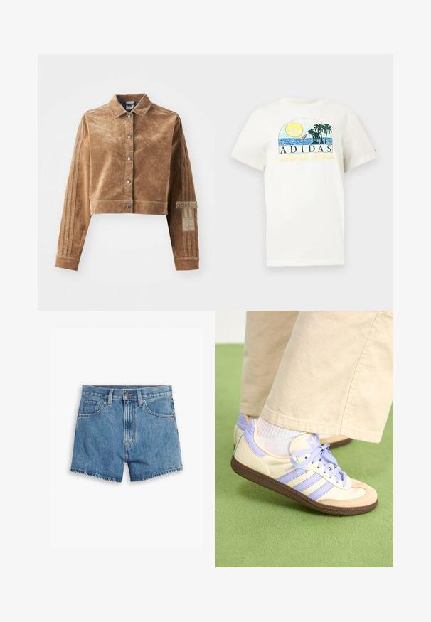 Brun cropped jakke laget av et strukturert materiale, med krage, frontknapper og Adidas-logo med tre striper på ermene.; Hvit bomulls t-skjorte med grafisk design som viser en sol, palmer og vann. "ADIDAS Sports Club" trykket i grønt og gult.; Lys blå denimshorts med fem lommer, glidelås og knappefeste. Bunnkanten er slitt med et avslappet passformdesign.; Kremfargede og lavendelfargede joggesko med tre striper og en teksturert brun såle, med lisser og en polstret hæl. Mykt stofføvre.