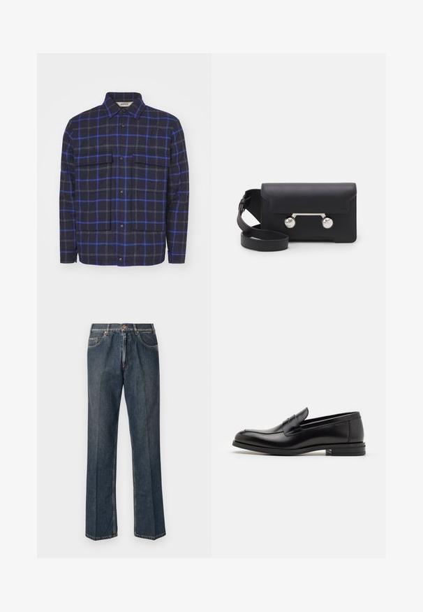 Plaid jacket made of textured fabric, featuring a dark navy background with blue and gray squares, two chest pockets, and snap buttons.; Cream-colored knit sweater with a polo collar, ribbed cuffs, and hem, featuring a front placket and soft texture.; Navy blue short-sleeve T-shirt with white text "neanche per sogno" centered on the chest, crew neck, medium size.; Dark blue straight-leg denim jeans with front button, zip fly, double front pockets, and visible vertical creases down the legs.; Black leather loafers with a smooth texture, rounded toe, and a decorative strap across the vamp. Low stacked heel, minimalist design.; Black leather crossbody bag with a flap closure, silver-tone hardware, and two round accents. Features a detachable strap. Smooth texture.