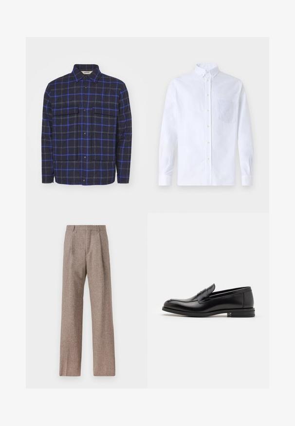 Plaid jacket made of textured fabric, featuring a dark navy background with blue and gray squares, two chest pockets, and snap buttons.; White long-sleeve button-up shirt made of cotton, featuring a chest pocket with tonal embroidery, a collar, and button cuffs.; Brown, high-waisted trousers made of textured fabric. Features wide legs and two front pleats for structure. Neat finish with no visible hardware.; Black leather loafers with a smooth texture, rounded toe, and a decorative strap across the vamp. Low stacked heel, minimalist design.