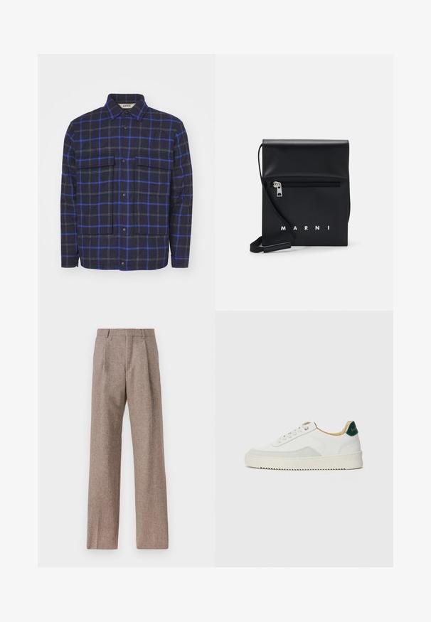 Jachetă în carouri, confecționată dintr-un material texturat, având un fundal în nuanță de navy închis, cu pătrate albastre și gri, două buzunare pe piept și capse.; Cămașă albă cu mânecă lungă, din bumbac, prevăzută cu un buzunar pe piept cu broderie tonală, guler și manșete cu buton.; Pantaloni bej, cu talie înaltă, dintr-un material texturat. Prezintă picioare late și două pliseuri frontale pentru structură. Finisaj îngrijit, fără accesorii vizibile.; Sneaker alb cu accente din suede, vârf rotund, șireturi plate și o talpă din cauciuc crem. Are un logo verde pe călcâie.; Geantă de umăr din piele neagră, cu un buzunar frontal cu fermoar, logo embosat și curea reglabilă. Textură netedă cu o formă structurată.