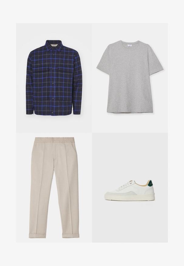 Kockás zakó textúrált anyagból, sötét tengerészkék háttérrel, kék és szürke négyzetekkel, két mellzsebbel és patent gombokkal.; Szürke, rövid ujjú póló, puha, texturált anyagból készült. Klasszikus környakú és egyenes fazonú, alkalmas hétköznapi viseletre.; Filippa K TERRY CROPPED TROUSERS - Nadrágok - sage melange; Fehér sneaker suédé részletekkel, kerek orral, lapos fűzőkkel és krémszínű gumitalppal. Zöld logó található a sarkán.