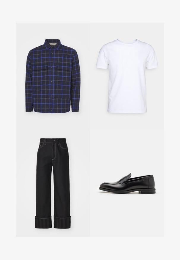 Károvaná bunda z texturovanej látky, s tmavomodrým pozadím a modrými a šedými štvorcami, dvoma náprsními vreckami a cvokmi.; Biela kratkosrstá bavlnená tričko s okrúhlym výstrihom. Jednoduchý dizajn bez vzorov alebo akcentov. Hladká textúra.; Čierne široké nohavice s kontrastným bielym prešívaním, dizajn s piatimi vreckami a prúžkovanými manžetami. Materiál sa zdá byť pevný s hladkou textúrou.; Čierne kožené mokasíny s hladkou textúrou, zaoblenou špičkou a dekoračným pásikom cez priehlavok. Nízky vrstvený opätok, minimalistický dizajn.