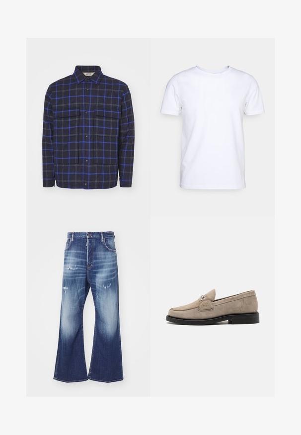 Chaqueta de cuadros hecha de tela texturizada, con un fondo azul marino oscuro y cuadros en azul y gris, dos bolsillos en el pecho y botones a presión.; Camiseta blanca de manga corta en tejido de algodón con cuello redondo. Diseño simple sin patrones ni acentos. Textura suave.; DSQUARED2 ICON EROS - Vaqueros boyfriend - navy blue; Mocasines de ante beiges con suela plana negra, que presentan una hebilla decorativa plateada y sutiles detalles de costura en la parte superior.