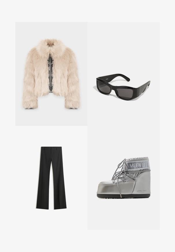 Giacca corta in pelliccia sintetica color beige chiaro con interni in ecopelle, dotata di colletto e chiusura frontale con zip. Texture morbida e forma volumetrica.; T-shirt nero a maniche lunghe realizzato in cotone, con scollatura a girocollo e una superficie liscia. Design minimalista senza motivi o accenti.; Pantaloni neri a gamba larga realizzati in tessuto liscio, con vita alta e linee pulite, senza motivi o decorazioni visibili.; Stivale impermeabile argento con forma arrotondata, finitura texture e lacci grigi. Presenta un evidente logo "MOON BOOT" sulla parte superiore.; Occhiali da sole neri rettangolari con lenti scure, realizzati in plastica lucida. La montatura presenta angoli definiti e un logo distintivo sul braccio.; MM6 Maison Margiela SMALL JAPANESE - Shopping bag - black