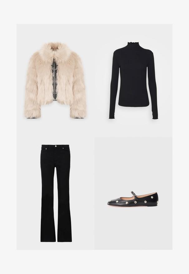 Lažna krzna kratka jakna u svijetlo bež boji s unutrašnjim detaljem od lažne kože, koja ima ovratnik i prednje zatvaranje na patentni zatvarač. Mekana tekstura i obiman oblik.; Crni dugi rukav turtleneck majica izrađena od glatkog materijala, s volanima oko vrata i uskim siluetom s jednostavnim rubovima.; Crne široke traperice izrađene od denima, s dva prednja džepa, kopčanjem na dugme i glatkom teksturom. Potpisna šavova vidljiva na šavovima.; Crne kožne Mary Jane balerinke s zaobljenim vrhom, koje sadrže srebrne kružne zakovice i podesivu traku s kopčom.
