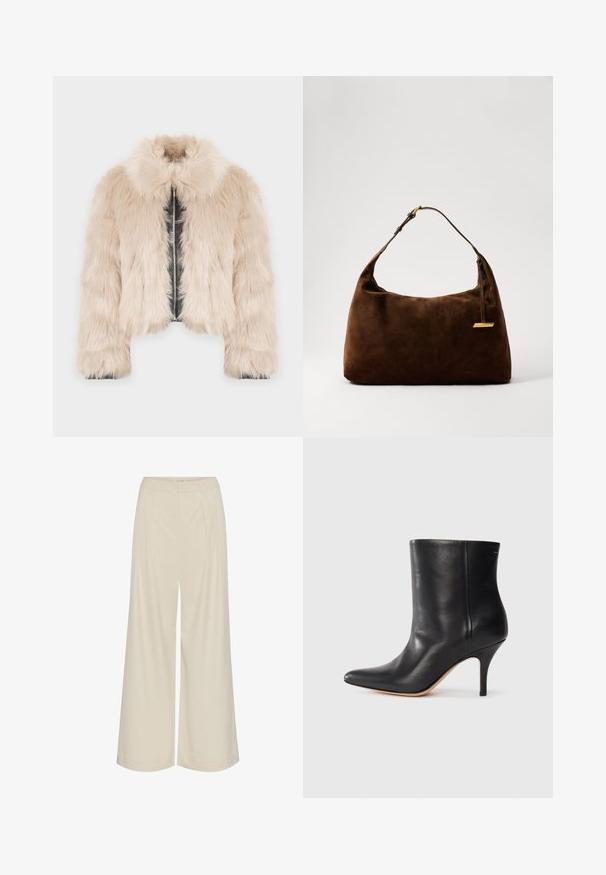 Valehalli lühike jakk heledas beežis, faux nahk sisemuse ja kraega, esiküljel tõmblukuga. Pehme tekstuur ja mahukas kuju.; Lühikeste varrukatega, ümmarguse kaelusega pehme ja paks materjalist kampsun heles valges. Omab lõdva lõiget koos soonikkoes mansettide ja alläärega.; Laia jalad kerge beeži kangaga, millel on voldid, kõrge vöökoht ja sile tekstuur ilma nähtavate kaunistusteta.; Must musta jalatsid terava ninaga, õhukese stiletto kontsaga ja siledast nahast. Minimalistlik disain ilma nähtava riistvarata või aksessuaarideta.; Pruunist suede'ist õlakott, millel on kaarduv kuju, millel on kuldne aksessuaar ja üks reguleeritav rihm. Sujuv tekstuur minimaalsete detailidega.