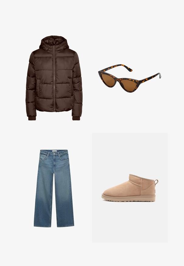 Jachetă călduroasă maro cu glugă, având un fermoar frontal, două buzunare laterale și manșete elastice. Textură netedă, lucioasă, cu un model matlasat.; Pulover tricotat maro cu guler rotund, umeri lăsați și manșete cu nervuri. Textură moale, design scurt și croi lejer.; Jeans din denim de culoare bleu deschis, cu croială largă, talie medie, două buzunare frontale și detalii clasice de cusătură.; Botină ankle din suede tan, cu vârful rotunjit, textură moale, design simplu și talpă din cauciuc cu profil redus. Are un tab de prindere la spate.; Ochelari de soare în stil cat-eye, cu o ramă din material cu tortoiseshell negru și portocalie, lentile maro și vârfuri elegante, ascuțite. Prezintă un logo minimal pe brățara ochelarilor.; Geantă din suede de culoare maro închis, cu o formă structurată, având două mânere superioare și o curea detașabilă cu un accent metalic de nuanță aurie.