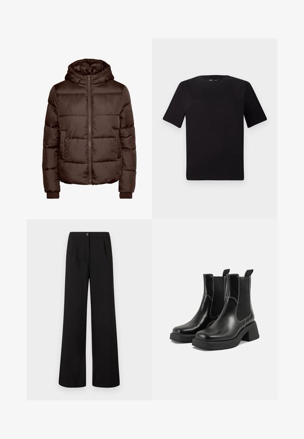 Brown padded jacket with a hood, featuring a front zipper, two side pockets, and ribbed cuffs. Smooth, shiny texture with quilted design.; Black short-sleeve t-shirt with a round neckline, crafted from soft cotton fabric. Simple design, no visible logos or patterns.; Black high-waist wide-leg trousers with front button and zipper closure, featuring subtle pleats below the waistband.; Black leather Chelsea boots with a chunky heel, elastic side panels, and contrasting white stitching. Textured finish.