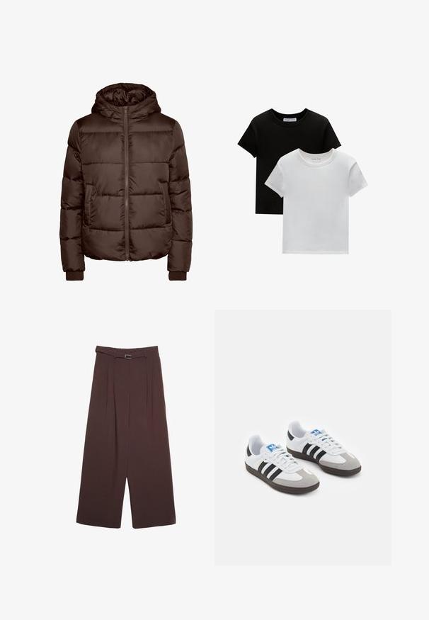 Giacca imbottita marrone con cappuccio, dotata di zip frontale, due tasche laterali e polsini a coste. Texture liscia e lucida con design trapuntato.; Due magliette a girocollo, in nero e bianco, realizzate in cotone. Presentano maniche corte e un design a tinta unita, senza fantasie né accenti.; Stradivarius WIDE-LEG WITH BUCKLE DETAIL - Pantaloni - dark brown; Scarpe sportive con tomaia in pelle bianca, punta in suede grigia e tre strisce nere. Presentano un logo blu sulla linguetta e una suola in gomma testurizzata.
