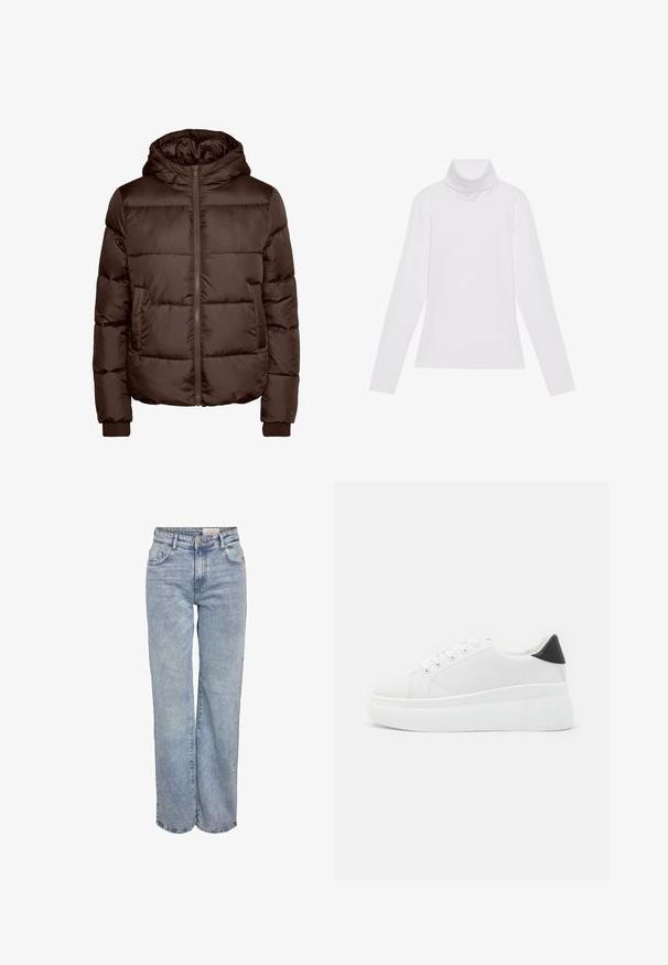 Ruda paminkštinta striukė su gobtuvu, su priekiniais užtrauktukais, dviem šoniniais kišenėmis ir banguotais rankogaliais. Lygi, blizgi tekstūra su siuvinėjimo dizainu.; Baltas ilgomis rankovėmis turtleneko tipo marškinėliai, pagaminti iš lygaus, tamprus audinys. Yra aukštas apykaklė ir prisitaikantis dizainas, be matomų raštų ar papuošimų.; Šviesiai mėlyni plačios kojų džinsai, pagaminti iš džinsinio audinio, pasižymintys aukštu liemeniu, penkių kišenių dizainu ir subtiliu blukimu, kad atrodytų jau dėvėti.; Balti platforminiai sportbačiai, pagaminti iš lygios sintetinio audinio, su apvaliu pirštu, raištelių užsegimu ir tekstūruota guma padanga. Juodas kulno akcentas.