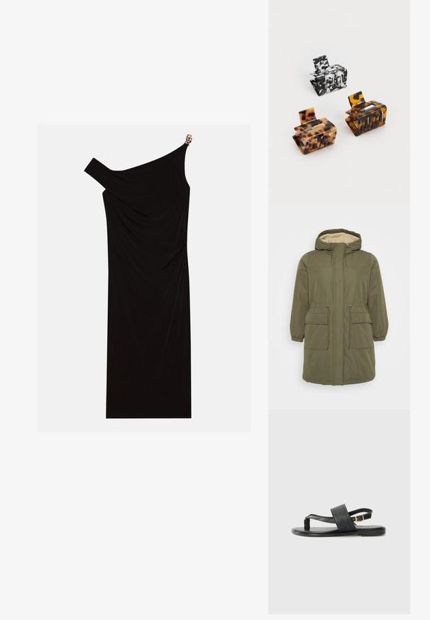 Olivgrüne Parka mit einer Kapuze aus Kunstfell, Frontreißverschluss, elastischen Bündchen, Kordelzug in der Taille und zwei aufgesetzten Taschen vorne.; Schwarzes einseitiges Kleid aus drapiertem Stoff mit einem goldenen Akzent an der Schulter, glatter Textur und knielangem Design.; Marc O'Polo BABETTE - Zehentrenner - black; Schwarze Leder-Umhängetasche mit geschwungener Form, schlankem Henkel und Reißverschluss. Hat eine glatte Textur und dezente Logodetails.; Drei Haarklammern: eine schwarz-weiß marmorierte, zwei schildpattfarbene in Braun- und schwarzem Farbton, alle aus glänzendem Kunststoff mit einer strukturierten Oberfläche.