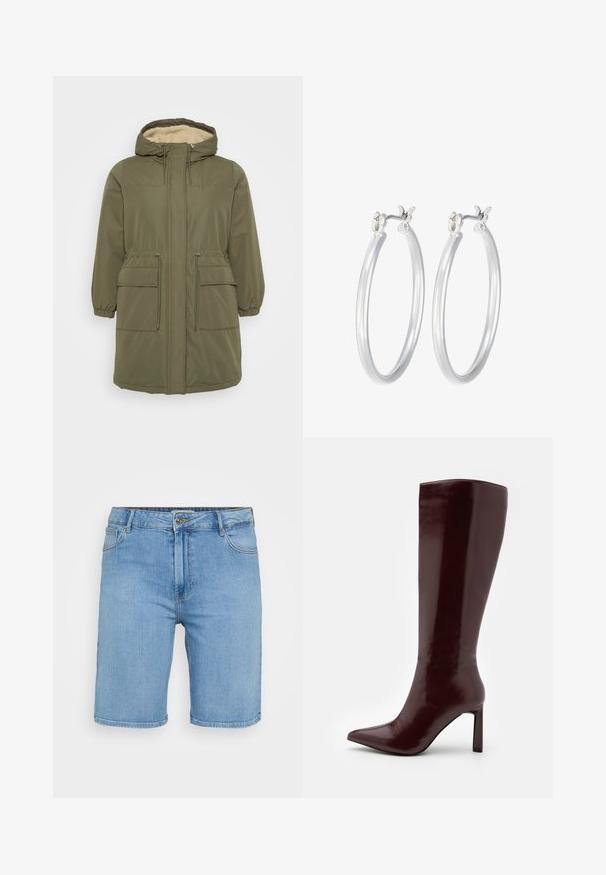 Maslinasto zelena parka s kapuljačom obloženom umjetnim krznom, prednjim zatvaračem na munje, elastičnim manžetama, pojasom na šnalu i dva prednja džepa.; Svijetloplava traper košulja kratkih rukava, s dvije prednje džepove i ukrašena malim srebrnim zakovicama po cijeloj površini.; Svijetloplave traper kratke hlače klasičnog kroja, s prednjim zatvaranjem na gumb, petljama za remen i dva bočna džepa. Glatka tekstura i ravni rub.; Even&Odd Čizme - dark red; Srebrne kružne naušnice s glatkom, poliranom površinom. Okrugli oblik i sigurno kopčanje na klik. Lagani dizajn pogodan za svakodnevno nošenje.