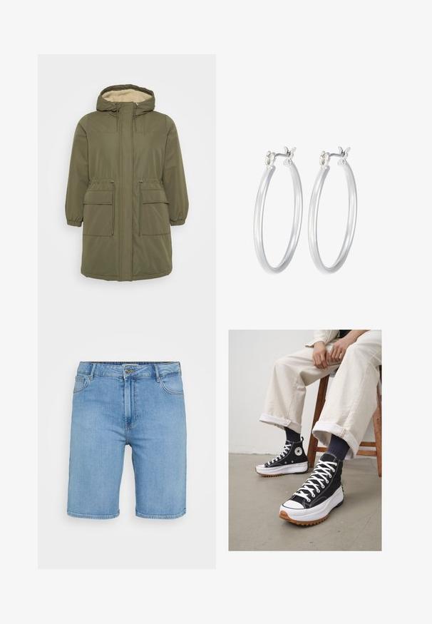 Olijfgroene parka met een nepbont gevoerde capuchon, ritssluiting aan de voorkant, elastische mouwen, trekkoord in de taille en twee voorzakken.; Lichtblauwe spijkerblouse met korte mouwen, voorzien van twee voorzakken en versierd met kleine zilverkleurige studs.; Lichtblauwe denim shorts met een klassieke snit, voorzien van een knoopsluiting aan de voorkant, riemlussen en twee zijzakken. Gladde textuur en rechte zoom.; Zwarte hoge sneakers met witte veters en een rubberen teenkap. Dikke witte zool met een gestructureerde bruine loopzool, gedragen met marineblauwe gestreepte sokken.; Zilveren oorbellen in de vorm van een gladde, gepolijste ring. Ronde vorm met een veilige kliksluiting. Lichtgewicht ontwerp, geschikt voor dagelijks gebruik.