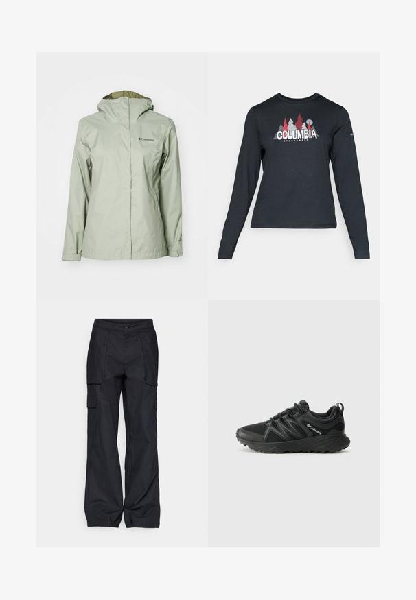 Jacke impermeável verde-claro com capuz, apresentando um fecho frontal integral, punhos elásticos e detalhe do logo no lado esquerdo do peito. Textura suave.; Camisa de mangas longas cinza escuro com um gráfico de árvores vermelhas e montanhas; logótipo "COLUMBIA" em texto branco em negrito. Tecido suave, cuello redondo padrão.; Columbia BREA FALLS™ COTTON RIPSTOP PANT - Calças para exterior - black; Columbia PEAKFREAK - Sapatos de caminhada - black