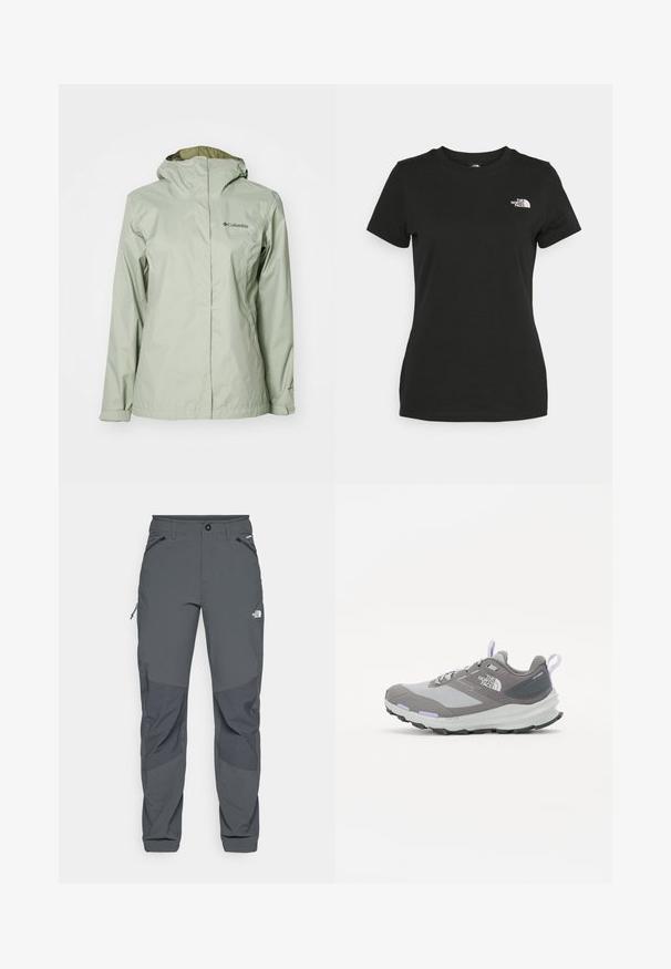 Lichtgroene waterdichte jas met een capuchon, voorzien van een volledige ritssluiting aan de voorkant, elastische manchetten en logo-opdruk op de linkerborst. Zachte textuur.; Zwarte katoenen t-shirt met een ronde hals en korte mouwen. Opvallend wit logo op de bovenlinker kant. Soepele textuur, casual pasvorm.; Donkergrijze buitenbroek met versterkte kniezakken, met rits gesloten zij- en voorkruiken, knoopsluiting en het logo van The North Face op de dij.; Grijze hardloopschoen van mesh en synthetische materialen, met paarse accenten, een gestructureerde zool en een trekstrip op de hiel voor gemakkelijk aan- en uittrekken.