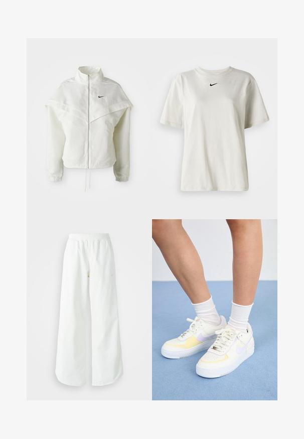 Chaqueta blanca de manga larga con cremallera y cuello alto, detalle tipo capa en los hombros, puños elásticos y pequeño logo negro de Nike en el pecho.; Camiseta de algodón blanca con cuello redondo y mangas cortas. Presenta un pequeño logotipo negro de Nike en el pecho. Diseño sencillo y sin adornos.; Pantalones deportivos blancos de pierna ancha con una cinturilla acanalada y un sutil detalle de logo. Tela suave con un ajuste relajado y dobladillo ajustado.; Zapatillas de cuero blancas con acentos amarillos y lavanda, punta redonda, cordones planos y suela de goma texturizada. Llevadas con calcetines blancos.