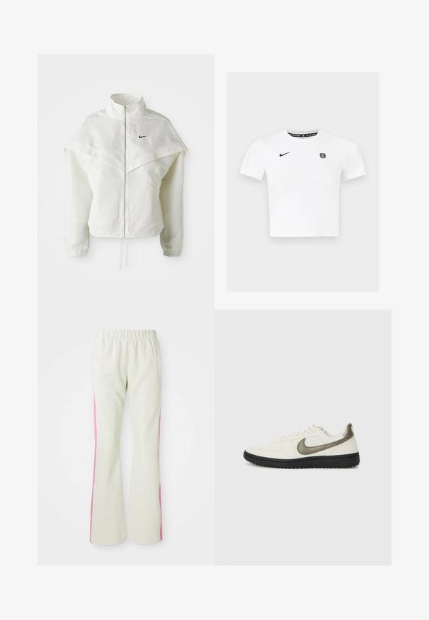 Jaqueta branca de mangas longas com fecho éclair e gola alta, detalhe tipo capa nos ombros, punhos elásticos e pequeno logótipo preto da Nike no peito.; T-shirt de manga curta branca com um decote redondo, logótipo preto da Nike no lado esquerdo do peito e um rótulo gráfico dentro do colarinho.; Calças bege claras com uma cintura elástica, apresentando painéis laterais cor-de-rosa e bolsos laterais. Textura suave com um design de perna reta.; Nike Sportswear FIELD GENERAL - Sapatilhas - off-white/black