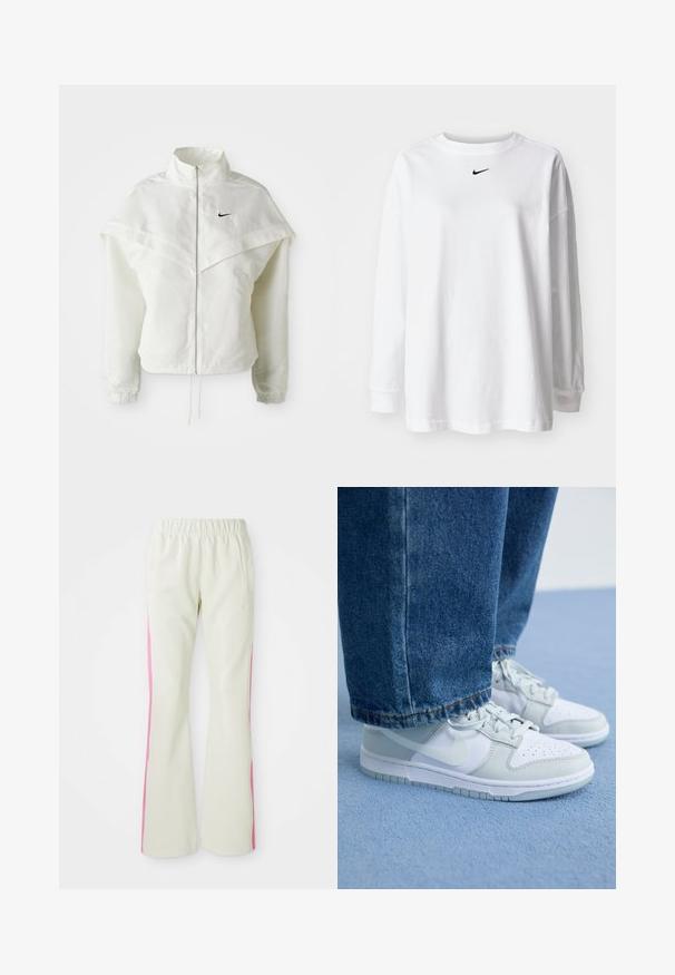 Hvit langermet jakke med glidelås og høy krage, kappe-lignende detaljer over skuldrene, elastiske mansjetter, og liten svart Nike-logo på brystet.; Hvit langermet t-skjorte laget av bomull, med rund halslinning og en liten svart Nike-logo på brystet. Enkel design, avslappet passform.; Lys beige bukser med elastisk linning, med rosa sidepaneler og sidelommer. Glatt tekstur med rett ben-design.; Nike-sko i hvit og lys grå lær med perforert tå, flate lisser og gummisåle, sammen med blå denimjeans.