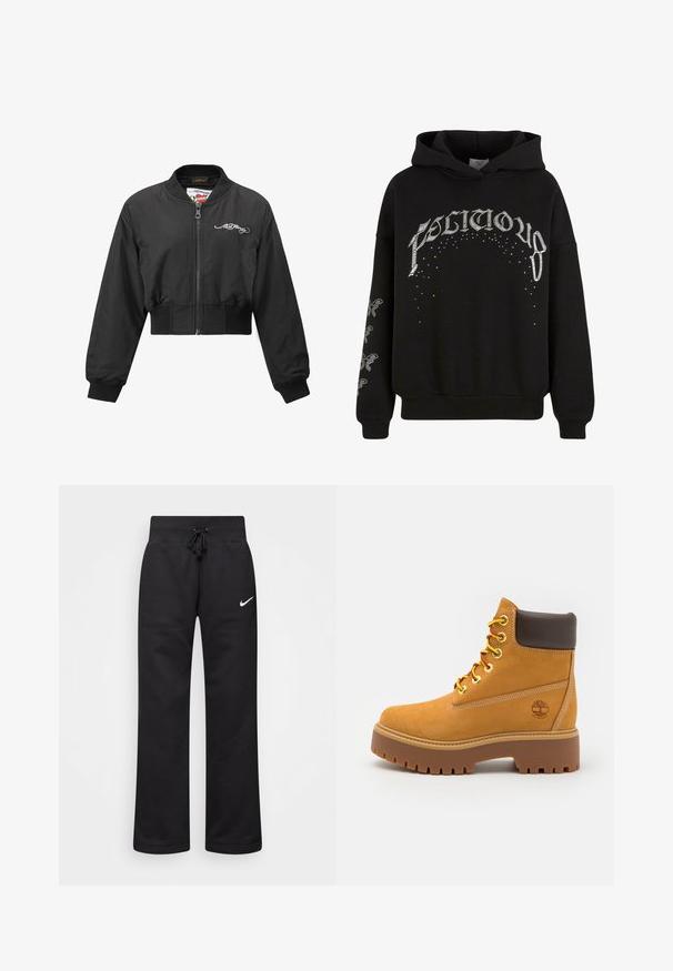 Giacca bomber croppata nera con chiusura a zip, polsini e vita a coste, e logo ricamato sul petto. Tessuto liscio e leggero.; Felpa con cappuccio nera realizzata in tessuto morbido, con testo e motivi stampati bianchi, e dettagli a contrasto sulle maniche.; Pantaloni sportivi neri realizzati in misto cotone, con vita elasticizzata regolabile, gambe dritte e logo bianco Nike sul lato sinistro.; Stivale alla caviglia impermeabile color beige con suola in gomma robusta, punta rotonda, colletto in pelle marrone, lacci gialli e un logo sul lato.