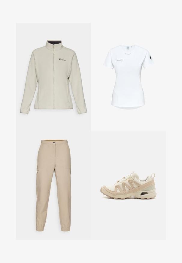 Giacca di pile beige chiaro con colletto alto, zip completa e tasche laterali; presenta un piccolo logo nella zona sinistra del petto.; Maglietta atletica bianca a maniche corte con colletto rotondo, dotata di un logo sul petto e una texture di tessuto liscia e leggera.; Pantaloni beige a gamba affusolata con frontale piatto, tasche laterali, polsini elasticizzati e chiusura con bottone. Realizzati in tessuto liscio con una leggera lucentezza.; Scarpa atletica beige e crema con tomaia in mesh testurizzato, sovrapposizioni supportive e suola in gomma con un motivo a tasselli per la trazione.