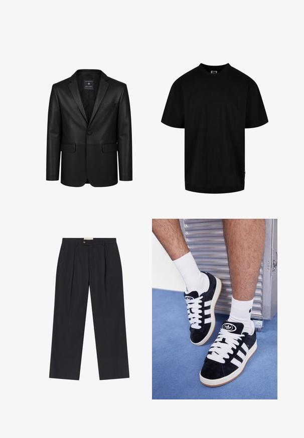 Black single-button leather blazer with notch lapels, two front flap pockets, and one chest pocket, shown on a white background.; Black T-shirt made of cotton, featuring a round neckline and short sleeves with a loose fit. Simple design, no patterns or graphics.; Tailored dark navy trousers with a high waist, two front pleats, button closure, and straight legs in smooth fabric.; Black suede sneakers with white laces and three white stripes. Features a circular black logo on the tongue and a gum rubber sole.