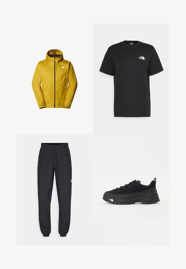 Gul regnjacka med huva, dragkedja fram, elastiska ärmslut och grått foder. Har en vit logotyp på vänster bröst.; Svart bomull t-shirt med kort ärm, rund halsringning och en liten vit logga på vänster bröst. Enkelt design, mjuk textur och avslappnad passform.; Svarta träningsbyxor tillverkade av lättviktsmaterial, med dragsko i midjan, sidofickor och avsmalnande muddar vid anklarna.; Svart utomhussko med ovandel i mocka, texturerad gummisula och robust snörningssystem. Har en förstärkt häl och varumärkeslogotyp på sidan.