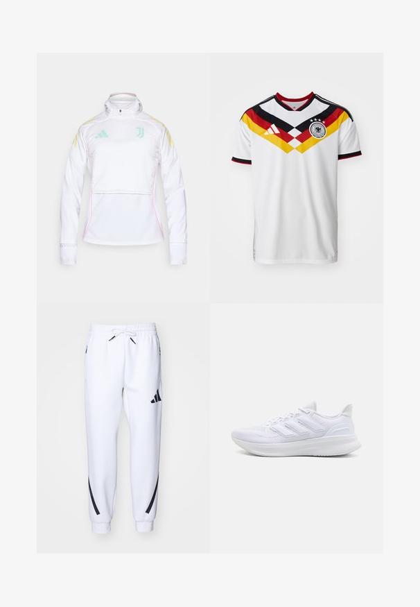 White, long-sleeve training jacket with a half-zip collar. Features light blue and yellow accents, plus pink piping along the waist.; White soccer jersey with black and red accents, featuring a yellow and red diagonal design, three stars, and the Adidas logo.; White athletic joggers with black accents, made from soft fabric, featuring an elastic waistband, drawstring closure, and side pockets.; White athletic shoes featuring a textured mesh upper, supportive cushioned sole, and three stripe design on the side.