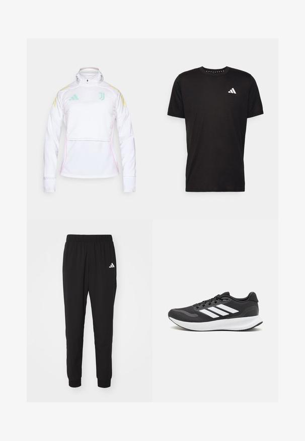White, long-sleeve training jacket with a half-zip collar. Features light blue and yellow accents, plus pink piping along the waist.; Black cotton t-shirt with short sleeves, crew neckline, and a white logo on the left chest. Smooth texture and simple design.; Black athletic pants with an elastic waistband, cuffed ankles, and white Adidas logo on the left thigh. Made from lightweight, smooth fabric.; Black athletic shoe with breathable mesh upper, white accents, and a cushioned sole. Features three stripes logo on the side.