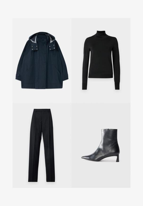 Tmavomodrý kapucňový dažďový plášť s prednými cvokmi, veľkými bočnými vreckami, nastaviteľnými šnúrkami a manžetami na gombíky.; Čierny dlhý rukáv rolák s rebrovanými manžetami a lemom, zobrazený na čistej bielej pozadí.; Čierne nohavice vyrobené z hladkej látky s vysokým pásom, širokými nohavicami, prednými záhybmi a klasickými pútkami na opasok. Žiadne bočné vrecká nie sú viditeľné.; Čierne kožené členkové topánky s špicatou špičkou a elegantným dizajnom. Majú nízky podpätok a zips na zadnej strane. Hladká textúra.