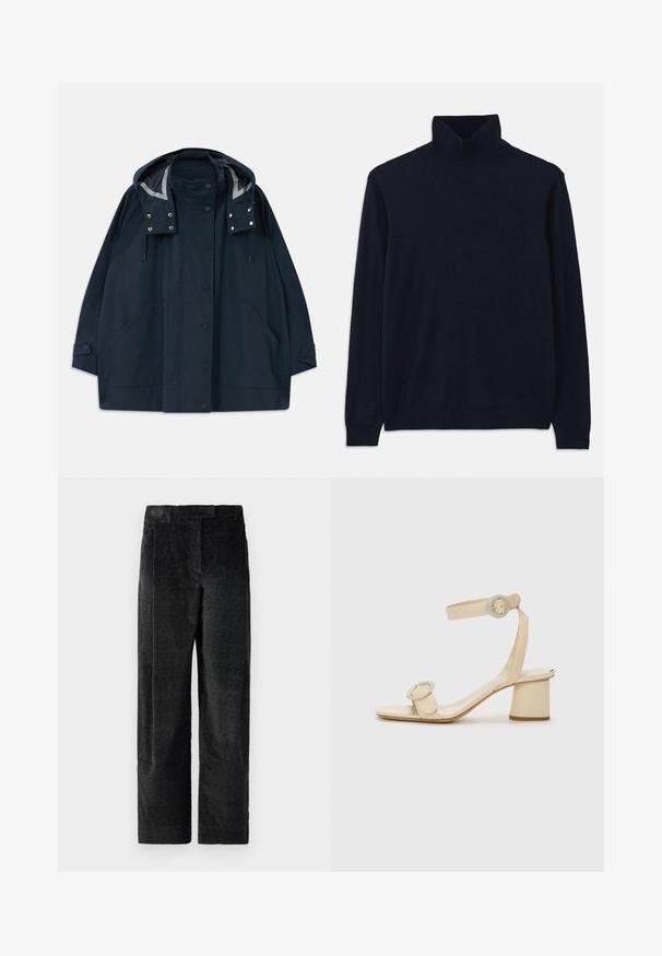 Donker marineblauwe regenjas met kap, voorzien van drukknoopsluiting aan de voorkant, grote zijzakken, verstelbare trekkoorden en knoopsluitingen bij de mouwen.; Marineblauwe coltrui met lange mouwen, gemaakt van zacht breisel. Heeft een geribbelde kraag en manchetten, met een eenvoudig ontwerp en zonder patronen.; Zwarte, gestructureerde wijde broek met een uitgesproken weefpatroon, met voorplooien en een vlakke tailleband. Klassiek ontwerp voor veelzijdigheid.; Beige hoge hakken sandalen met een minimalistisch ontwerp, voorzien van twee ronde accenten en een chunky hak. Gemaakt van soepel leer.