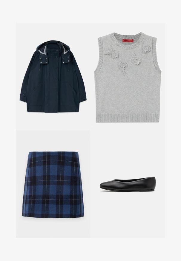 Dark navy hooded raincoat with front snap buttons, large side pockets, adjustable drawstrings, and buttoned sleeve cuffs.; Light grey sleeveless sweater with a ribbed neckline and hem. Features three textured floral appliqués on the front. Brand label: MAX&Co.; Plaid mini skirt in dark blue and navy, made of soft fabric with a slightly textured finish. Features a straight cut and clean lines.; Paul Smith TOPANGA - Ballet pumps - black