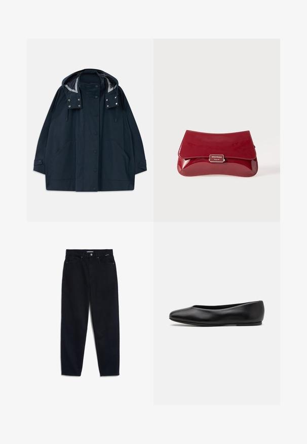 Impermeabile con cappuccio di un blu navy scuro, dotato di bottoni a scatto frontali, ampie tasche laterali, cordini regolabili e polsini con bottoni.; Camicia bianca a maniche lunghe con colletto alla mandarino e placket dei bottoni nascosto, esposta su sfondo bianco.; Jeans in denim nero con gamba dritta, design a cinque tasche e chiusura a bottone. Il tessuto ha una texture liscia e cuciture minime a vista.; Paul Smith TOPANGA - Ballerine - black; Borsa a pochette in pelle verniciata rossa con design curvo, pattina pieghevole e un accento del logo metallico su una placca argentata. Tessuto liscio e lucido.