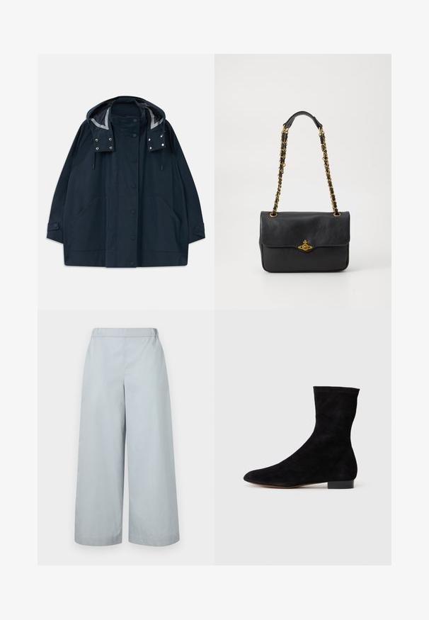 Impermeabilă cu glugă, de culoare bleumarin închis, cu nasturi pe față, buzunare laterale mari, șnururi ajustabile și manșete cu nasturi.; Cămașă albă cu mânecă lungă, cu guler cu nasturi, textură netedă, croială dreaptă și placket ascuns. Material moale, ușor, fără modele.; MM ANTILLE - Pantaloni - light blue; Cizme scurte din suede negre, cu un știft ajustat, vârful ascuțit și un toc mic, pătrat. Textură netedă și design minimalist, potrivite pentru un stil versatil.; Geantă de mână din piele neagră, cu clapetă rabatabilă, curea din lanț de culoare aurie și detalii cu logo pe față. Textură netedă.
