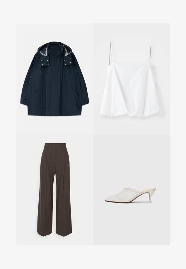 Sötét tengerészkék kapucnis esőkabát, elöl snap gombos záródással, nagy oldalsó zsebekkel, állítható húzózsinórokkal és gombos mandzsettákkal.; Fehér ujjatlan blúz vékony pántokkal, könnyű anyagból készült. Laza fazonú, az alján ráncolt textúrával rendelkezik.; Sötétbarna, bő szárú nadrág magas derékkal, tisztán vasalt redőkkel, sima textúrával és testhez simuló fazonnal.; Fehér hálós, hegyes orrú mules cipő, vékony, középmagas sarkával és slip-on kialakításával, egyszerű háttér előtt.