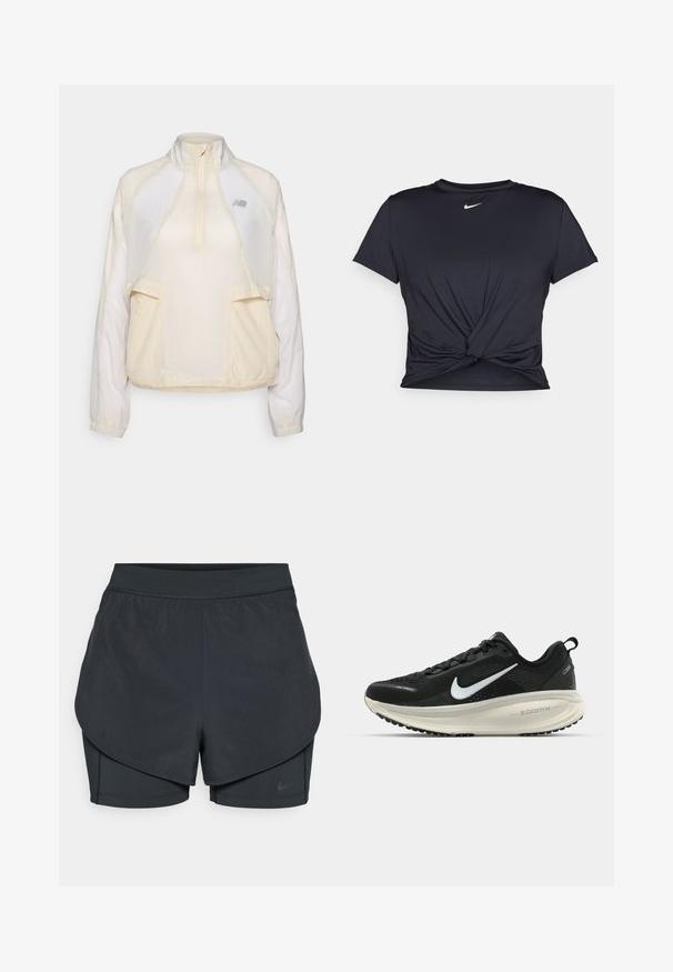 Kerge pullover-jakk kreemis, millel on poolsigri kaelus, kaks esikot ja peened kontrastsed kangatekstuurid. Uus Balance'i logo on kohal.; Mustmust musta sportlik T-särk, mis on valmistatud sujuvast kangast, millel on sõlmega esikülg ja väike valge Nike logo rinnal.; Mustad musta sportlikud lühikesed püksid kihilise disainiga, millel on sile välimine kiht ja istuvad sisepüksid. Valmistatud kergest, venivast kangast.; Musthave mustus Nike jooksujalats, millel on hingav võrgust ülemine osa, valge swoosh logo, tekstuuriga detailid ja kreemja värvusega ZoomX vahevöö.