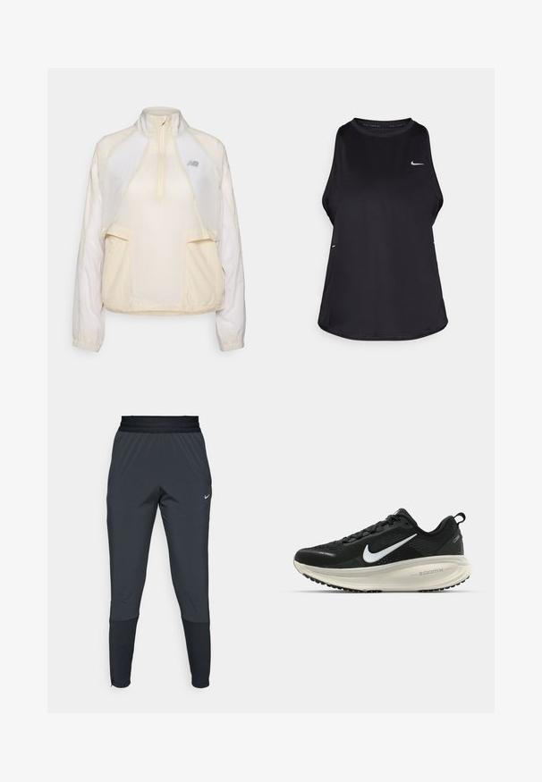 Veste légère à col zippé mi-hauteur en crème, dotée de deux poches frontales et de textures de tissu contrastantes subtiles. Logo New Balance présent.; Débardeur de course sans manches noir, fabriqué dans un matériau léger, avec un col rond ; présente un logo discret et des fentes sur les côtés pour une meilleure respirabilité.; Pantalons de sport Nike en gris foncé, avec une coupe fuselée, une taille élastique et des détails accentués près des poignets.; Baskets de course noir Nike avec tige respirante en mesh, logo swoosh blanc, détails texturés et semelle intermédiaire ZoomX de couleur crème.