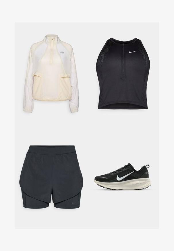 Veste légère à col zippé mi-hauteur en crème, dotée de deux poches frontales et de textures de tissu contrastantes subtiles. Logo New Balance présent.; Crop top sportif noir avec fermeture éclair à l'avant, accents en mesh et design ajusté. Fabriqué en tissu extensible et respirant. Logo Nike à l'avant.; Shorts de sport noirs avec un design superposé, présentant une couche extérieure lisse et des shorts intérieurs ajustés. Fabriqués en tissu léger et extensible.; Baskets de course noir Nike avec tige respirante en mesh, logo swoosh blanc, détails texturés et semelle intermédiaire ZoomX de couleur crème.