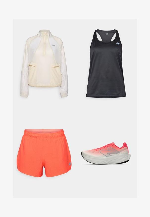 Lett genserjakke i kremfarge, med halv-zip krage, to frontlommer og subtile kontraststoffteksturer. New Balance-logo til stede.; Svart atletisk tanktop laget av lett stoff, med racerback-design, flate sømmer og New Balance-logo i grått øverst til venstre.; Herre løpeshorts i lys korall, laget av pustende stoff med perforert tekstur. Har en elastisk midje og en blå logo aksent.; Athletisk sko med en gradient rosa og hvit mesh-overdel, med en sølv logo, polstret såle og teksturert gummiyttersåle.