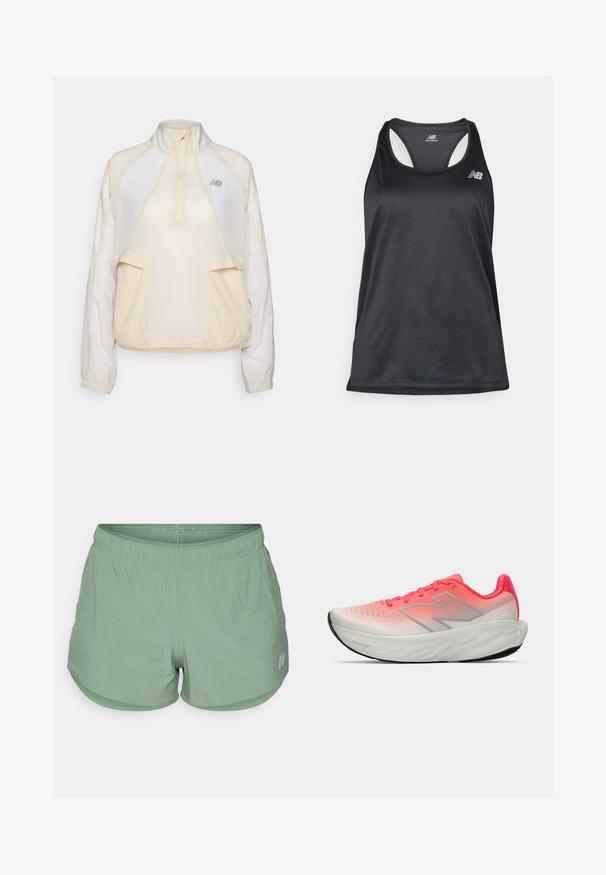 Veste légère à col zippé mi-hauteur en crème, dotée de deux poches frontales et de textures de tissu contrastantes subtiles. Logo New Balance présent.; Débardeur de sport noir en tissu léger, avec un design dos nageur, des coutures plates et le logo New Balance en gris sur le coin supérieur gauche.; Shorts de sport vert clair en tissu respirant, dotés d'une taille élastique, d'une coupe décontractée et de petits trous de ventilation.; Chaussure de sport avec un dessus en maille dégradé rose et blanc, arborant un logo argenté, une semelle rembourrée et une semelle extérieure en caoutchouc texturé.