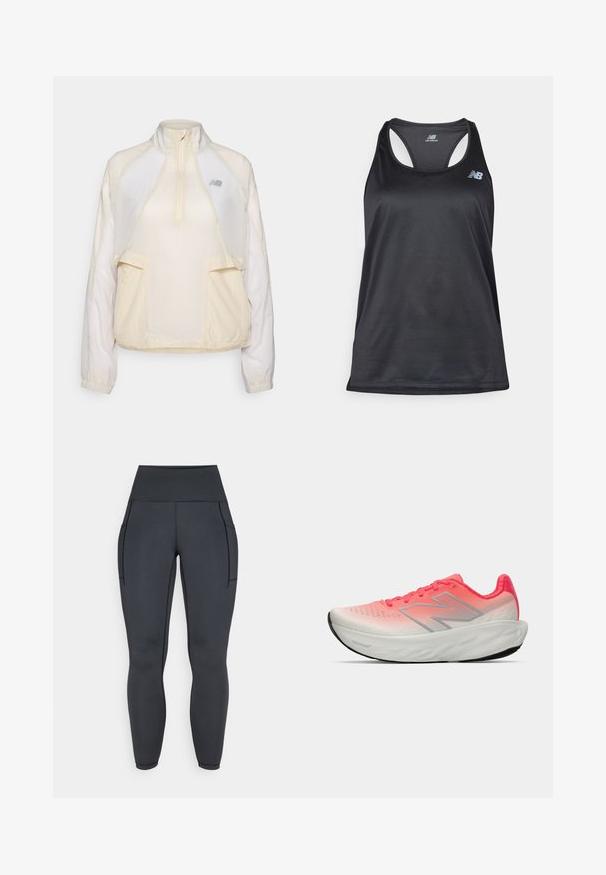 Giacca leggera a pullover in crema, con colletto a mezza zip, due tasche frontali e sottili trame di tessuto a contrasto. Logo New Balance presente.; Canotta nera da palestra realizzata in tessuto leggero, con design a schiena scoperta, cuciture piatte e il logo New Balance in grigio sulla parte superiore sinistra.; Leggings neri a vita alta realizzati in un tessuto elastico e morbido. Presentano due tasche laterali e cuciture a contrasto lungo le cuciture.; Scarpa sportiva con una tomaia in rete gradiente rosa e bianca, caratterizzata da un logo argentato, suola ammortizzata e suola in gomma testurizzata.