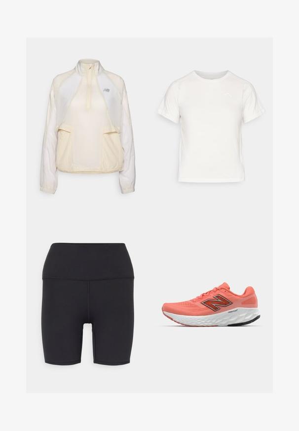 Jachetă pulover ușoară de culoare crem, cu guler cu jumătate de fermoar, două buzunare frontale și texturi de țesătură în contrast subtile. Prezent logo-ul New Balance.; Tricou alb ușor, cu mâneci scurte, guler rotund și un logo mic în colțul din stânga sus. Material neted cu un luciu subtil.; Șorturi atletice negre din material elastic, cu un funnel înalt, textură netedă și fără modele sau accesorii vizibile.; Pantofle de alergare corai cu partea superioară din plasă, logo negru îndrăzneț, limbă căptușită și talpă intermediară texturată albă. Dispune de o talpă exterioară flexibilă din cauciuc.