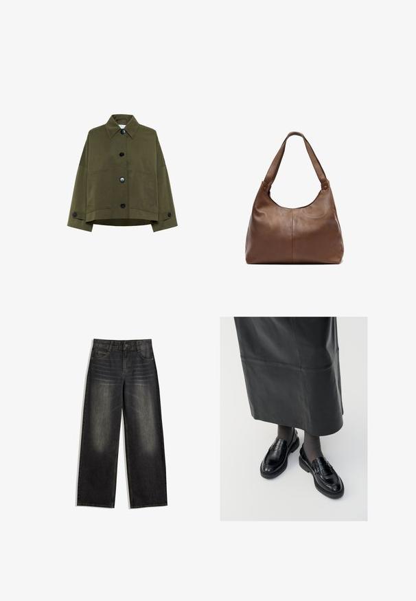 Olijfgroene cropped jasje van katoenstof. Voorzien van een puntkraag, brede mouwen en zes zwarte knopen met twee voorzakken.; Gesmokt blouse met een geruit patroon in zwart, wit en beige. Volant halslijn en manchetten, lange mouwen, cropped fit.; Zwarte spijkerbroek met wijde pijpen, vervaagde textuur, vijf-pocket ontwerp en contrasterende stiksels. Voorzien van een knoopsluiting en riemlussen.; Zwarte leren loafers met een gladde afwerking, voorzien van een decoratieve band, ronde neus en gestructureerde zool. Draagt met een lange zwarte leren rok.; Bruine leren handtas met een zachte, ronde vorm. Beschikt over een enkele, stevige schouderband en subtiele stiksels. Glad textuur.