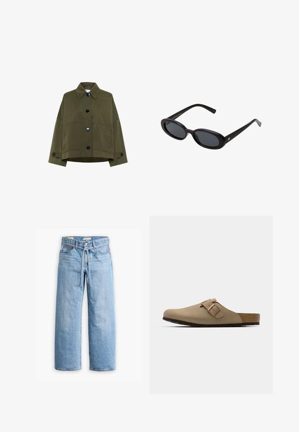 Olijfgroene cropped jasje van katoenstof. Voorzien van een puntkraag, brede mouwen en zes zwarte knopen met twee voorzakken.; Katoenen T-shirt met lange mouwen, zwart-witte horizontale strepen, ronde hals en zachte textuur. Geen zichtbare hardware of accenten.; Lichtblauwe denim wijde broek met een hoge taille, knoop- en ritssluiting, en een trekkoorddetail in de taille. Afgeronde zoomafwerking.; Beige klompen met een afgeronde neus, verstelbare gespaccent, en kurk voetbed. Gestructureerd oppervlak met een zwarte rubberen zool voor grip.; Zwarte oversized zonnebril met ovale lenzen, een glad plastic montuur en gouden accenten op de pootjes. Donkere lenzen bieden bescherming tegen de zon.