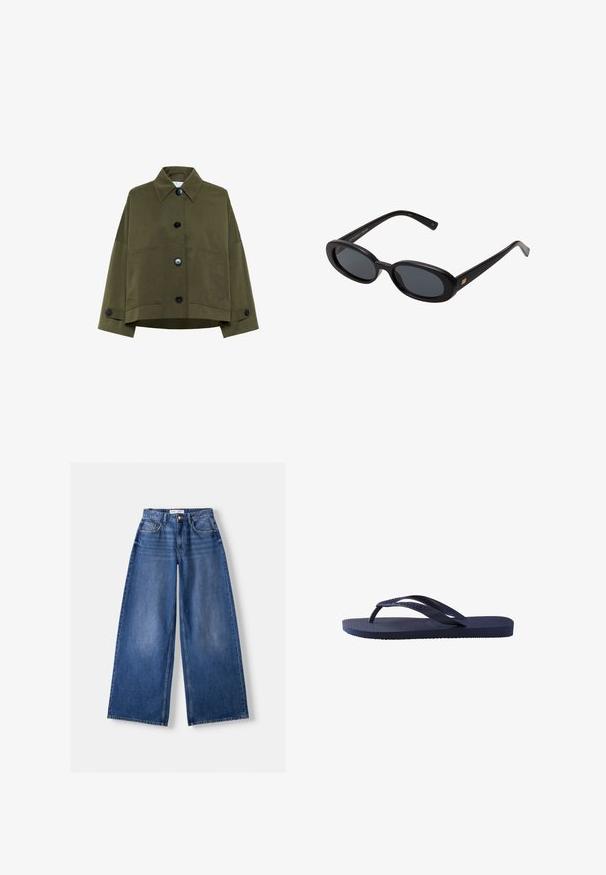 Olijfgroene cropped jasje van katoenstof. Voorzien van een puntkraag, brede mouwen en zes zwarte knopen met twee voorzakken.; Wit katoenen T-shirt met korte mouwen, een ronde hals en een gladde textuur. De achterkant is effen zonder extra patronen of ontwerpen.; Bershka WIDE-LEG - Wide leg - dark blue; Navyblauwe flip-flops met een textuur op de rubberen banden en zool, met een golvend patroon op de banden en een vlakke, gegroefde zool.; Zwarte oversized zonnebril met ovale lenzen, een glad plastic montuur en gouden accenten op de pootjes. Donkere lenzen bieden bescherming tegen de zon.