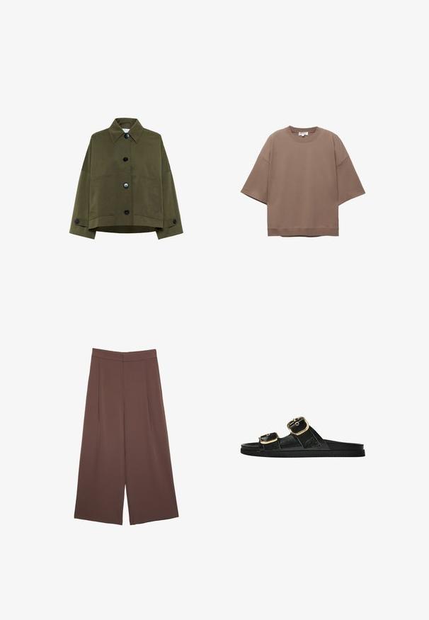 Olive green cropped jacket made of cotton fabric. Features a point collar, wide sleeves, and six black buttons with two front pockets.; Brown oversized T-shirt, short sleeves, round neckline, made from soft cotton material, features a simple design and minimal seams.; Brown wide-leg trousers with a smooth texture, featuring a high waist and front pleats. The fabric is lightweight and flows loosely.; Black slide sandal with two gold buckle accents, smooth textured material, flat sole, and a minimalist design.